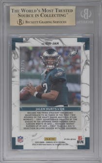 Jalen Hurts from the 2020 Panini Donruss Optic set featuring a Black Pandora parallel graded by Beckett and given an overall grade of 9.5.