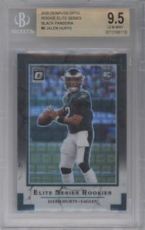 Jalen Hurts from the 2020 Panini Donruss Optic set featuring a Black Pandora parallel graded by Beckett and given an overall grade of 9.5.