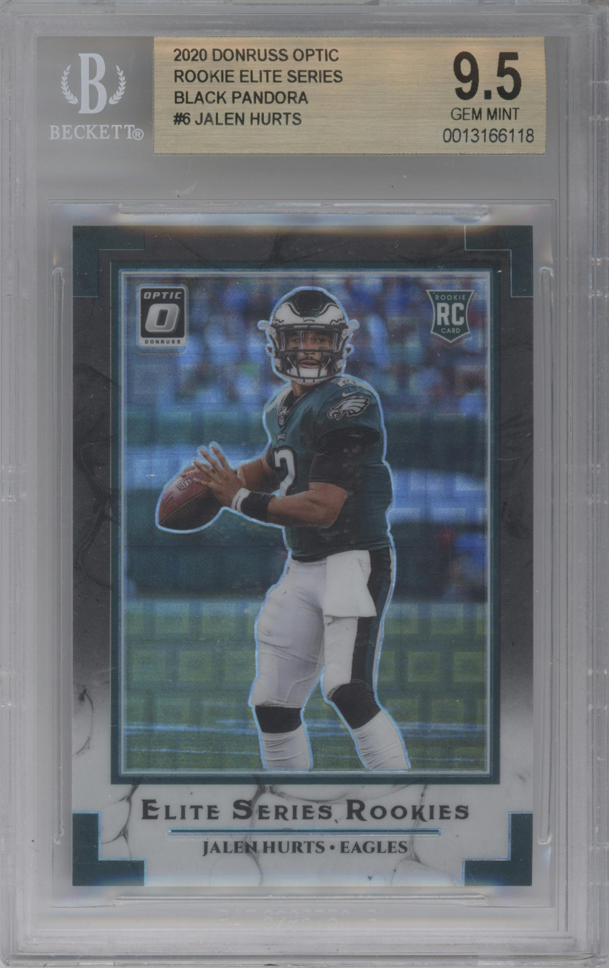 Jalen Hurts from the 2020 Panini Donruss Optic set featuring a Black Pandora parallel graded by Beckett and given an overall grade of 9.5.