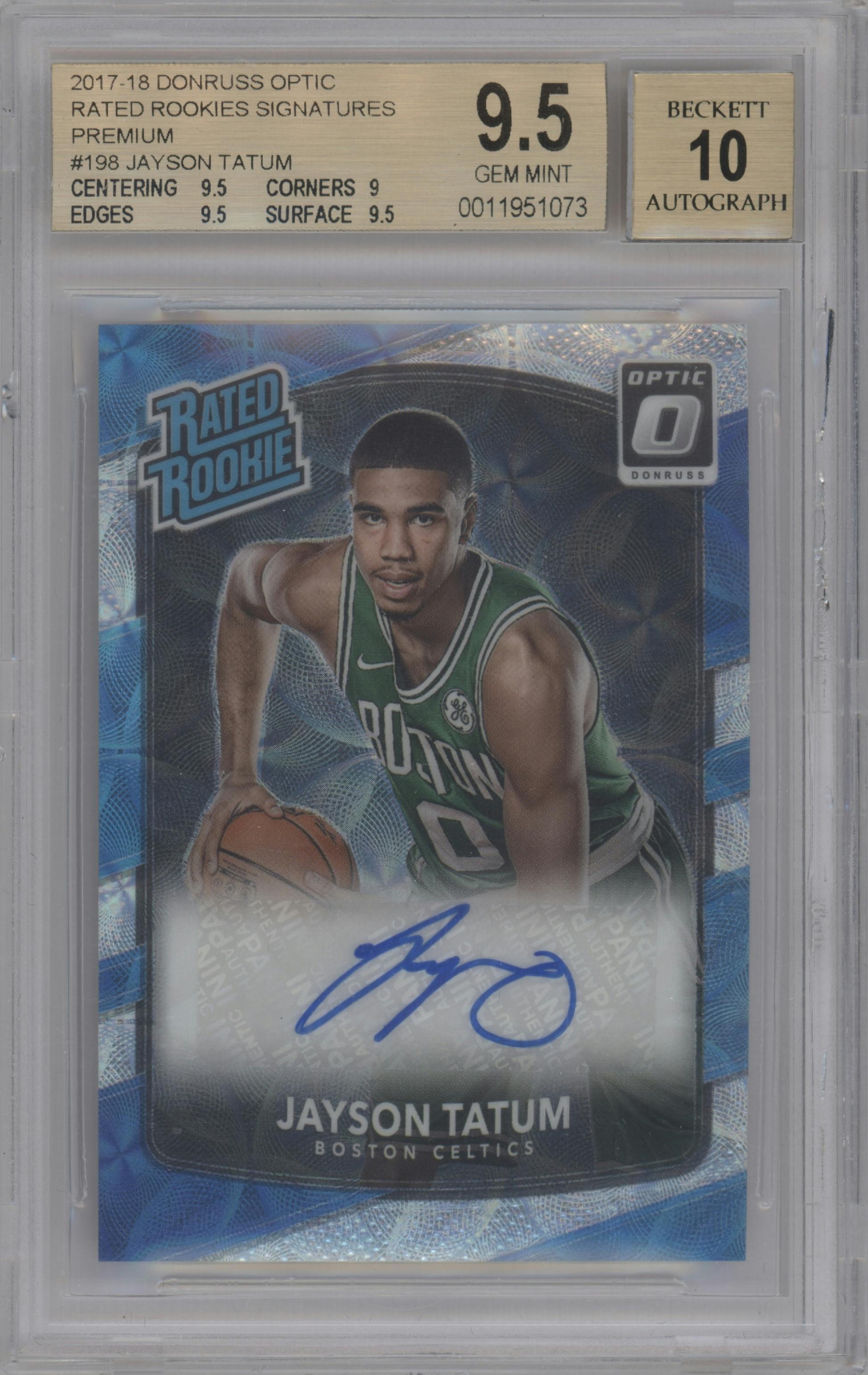 Jayson Tatum from the 2017-18 Panini Donruss Optic set featuring a Premium Box Set parallel graded by Beckett and given an overall grade of 9.5.