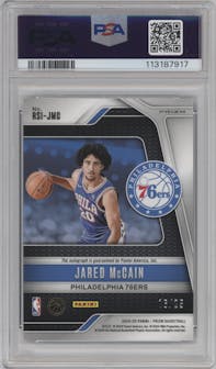 Jared McCain from the 2024-25 Panini Prizm set featuring a Blue Shimmer Prizm FOTL parallel graded by PSA and given an overall grade of 9.