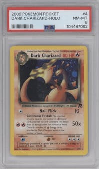 Dark Charizard from the 2000 Pokemon set graded by PSA and given an overall grade of 8.