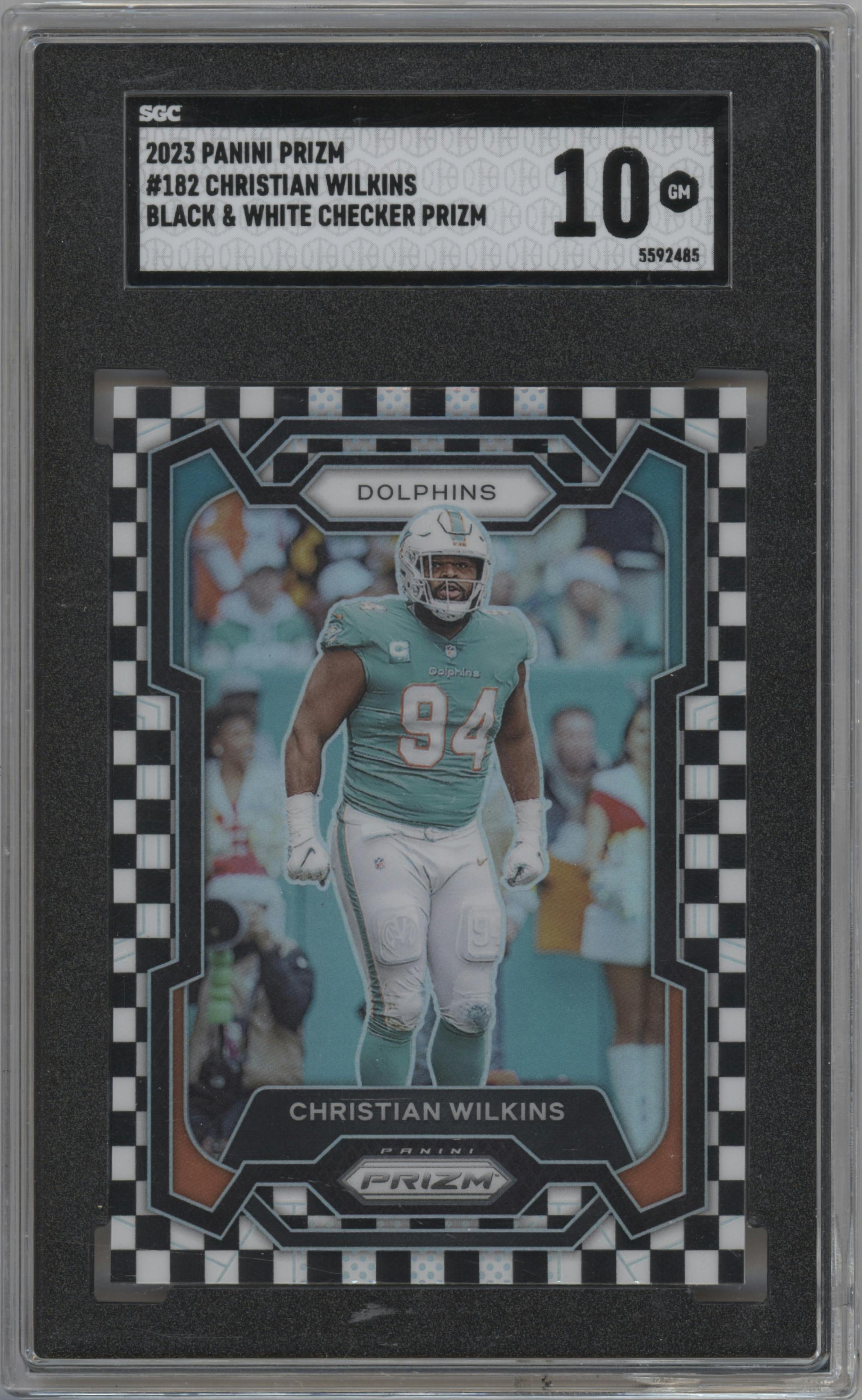 Christian Wilkins from the 2023 Panini Prizm set featuring a Black/White Checker parallel graded by SGC and given an overall grade of 10.