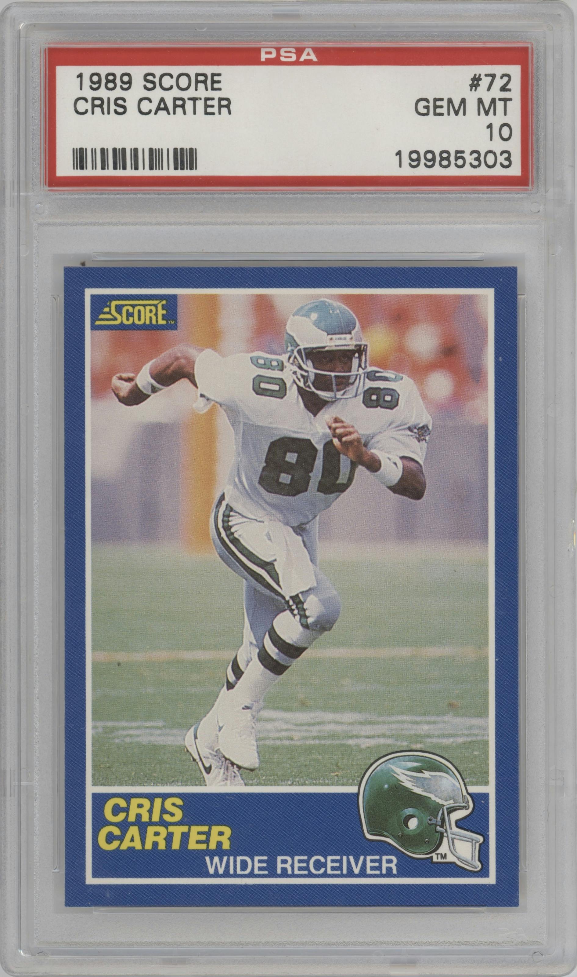 Cris Carter from the 1989 Score set graded by PSA and given an overall grade of 10.