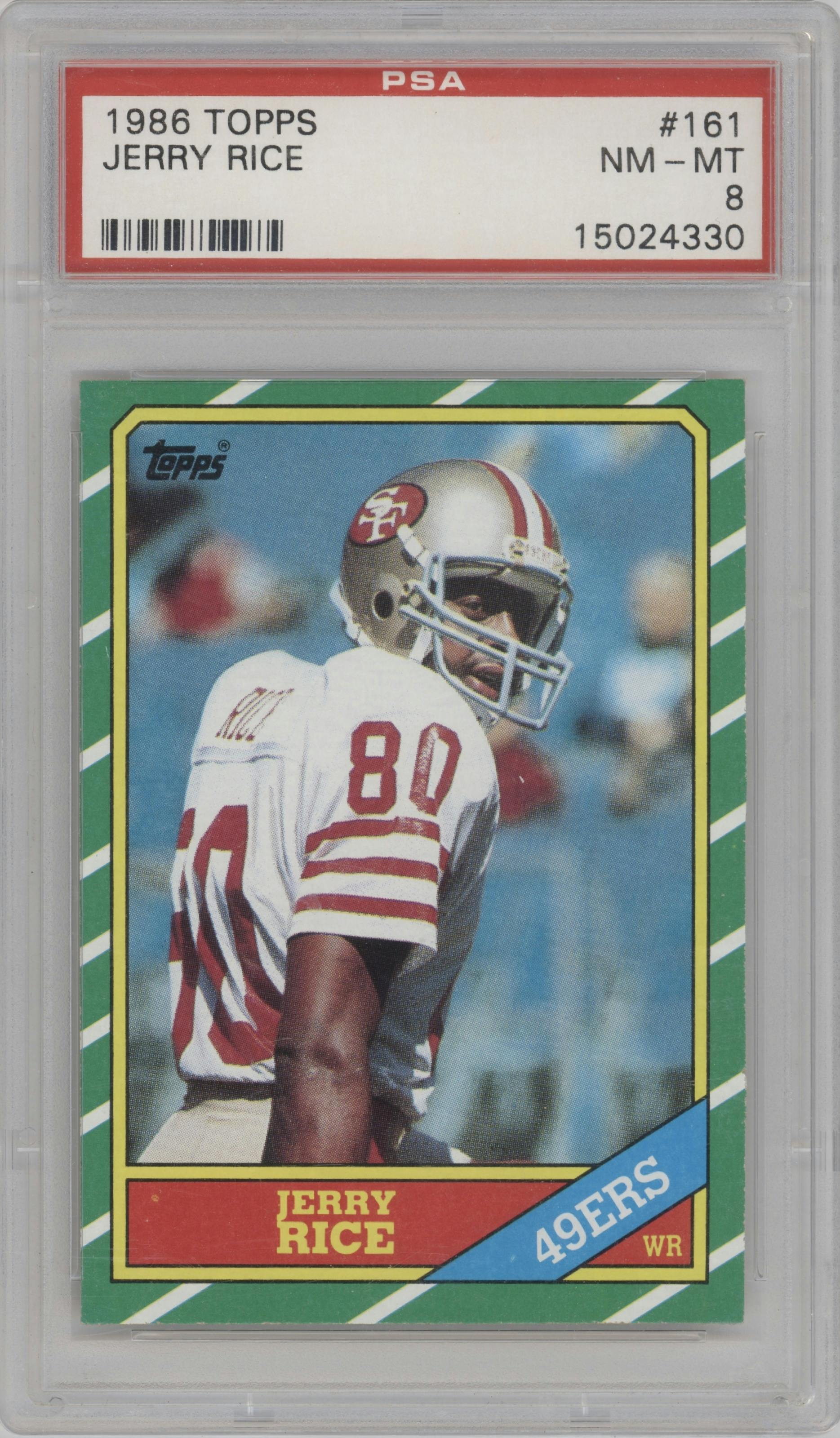 Jerry Rice from the 1986 Topps set graded by PSA and given an overall grade of 8.