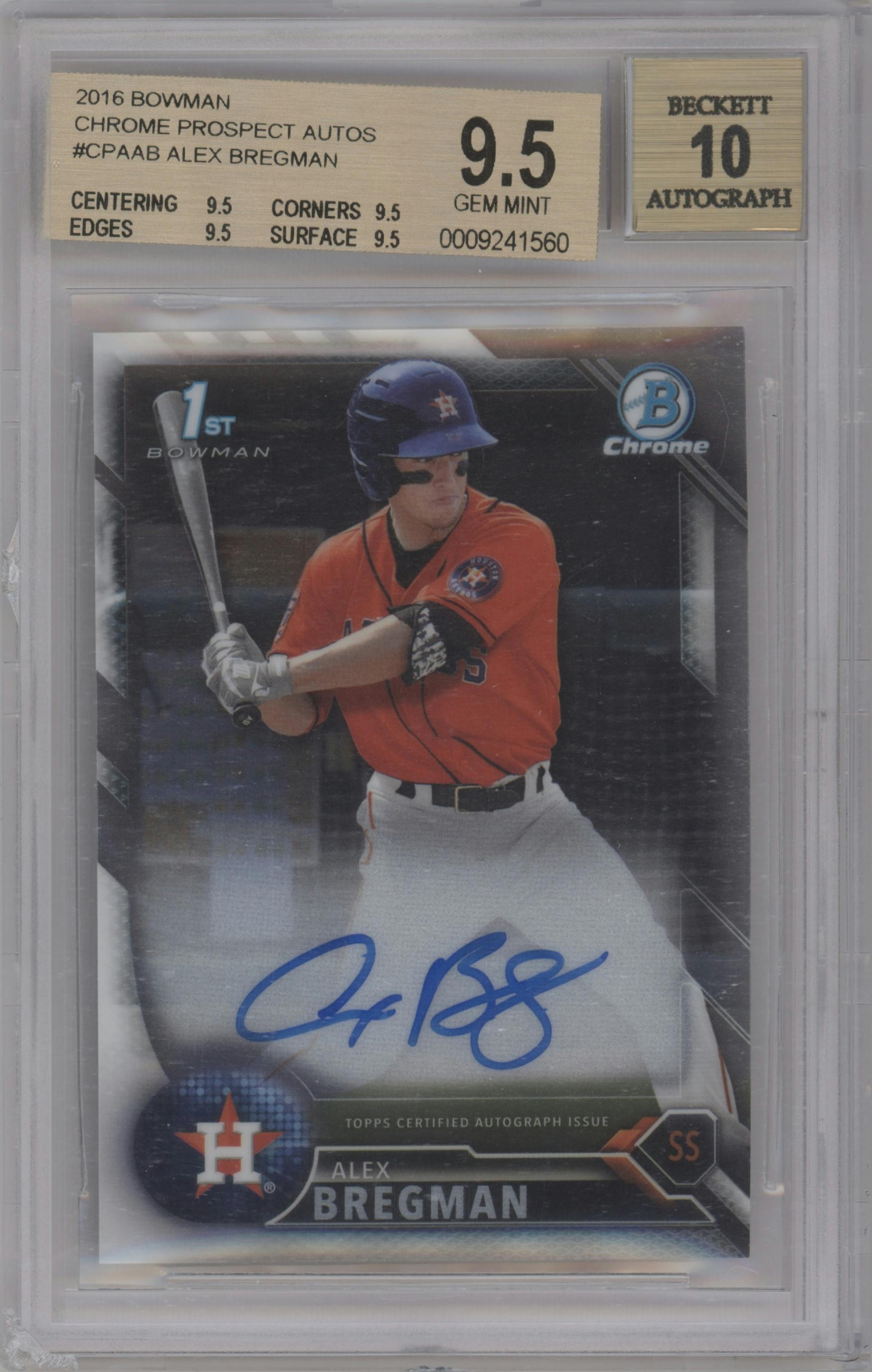 Alex Bregman from the 2016 Bowman Chrome set graded by Beckett and given an overall grade of 9.5.