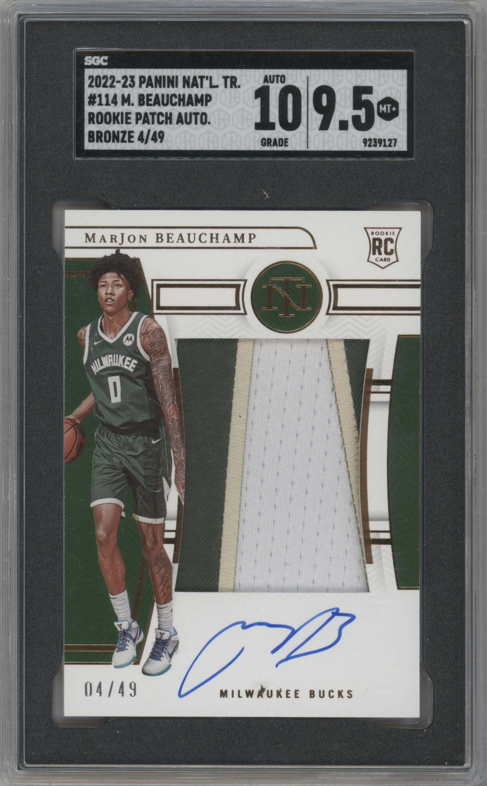 MarJon Beauchamp from the 2022-23 Panini National Treasures set featuring a Bronze  parallel graded by SGC and given an overall grade of 9.5.