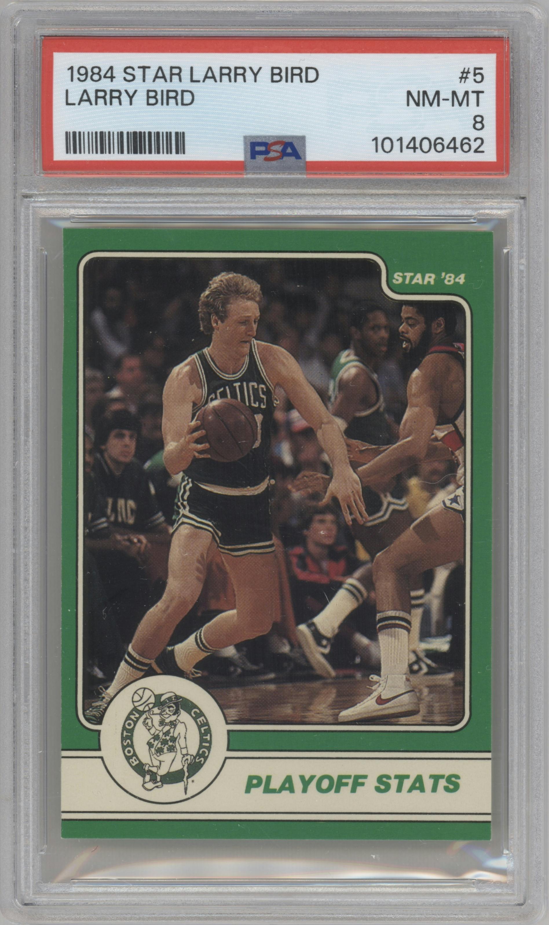 Larry Bird from the 1984 Star Larry Bird set graded by PSA and given an overall grade of 8.