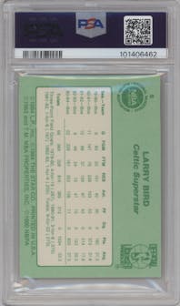 Larry Bird from the 1984 Star Larry Bird set graded by PSA and given an overall grade of 8.