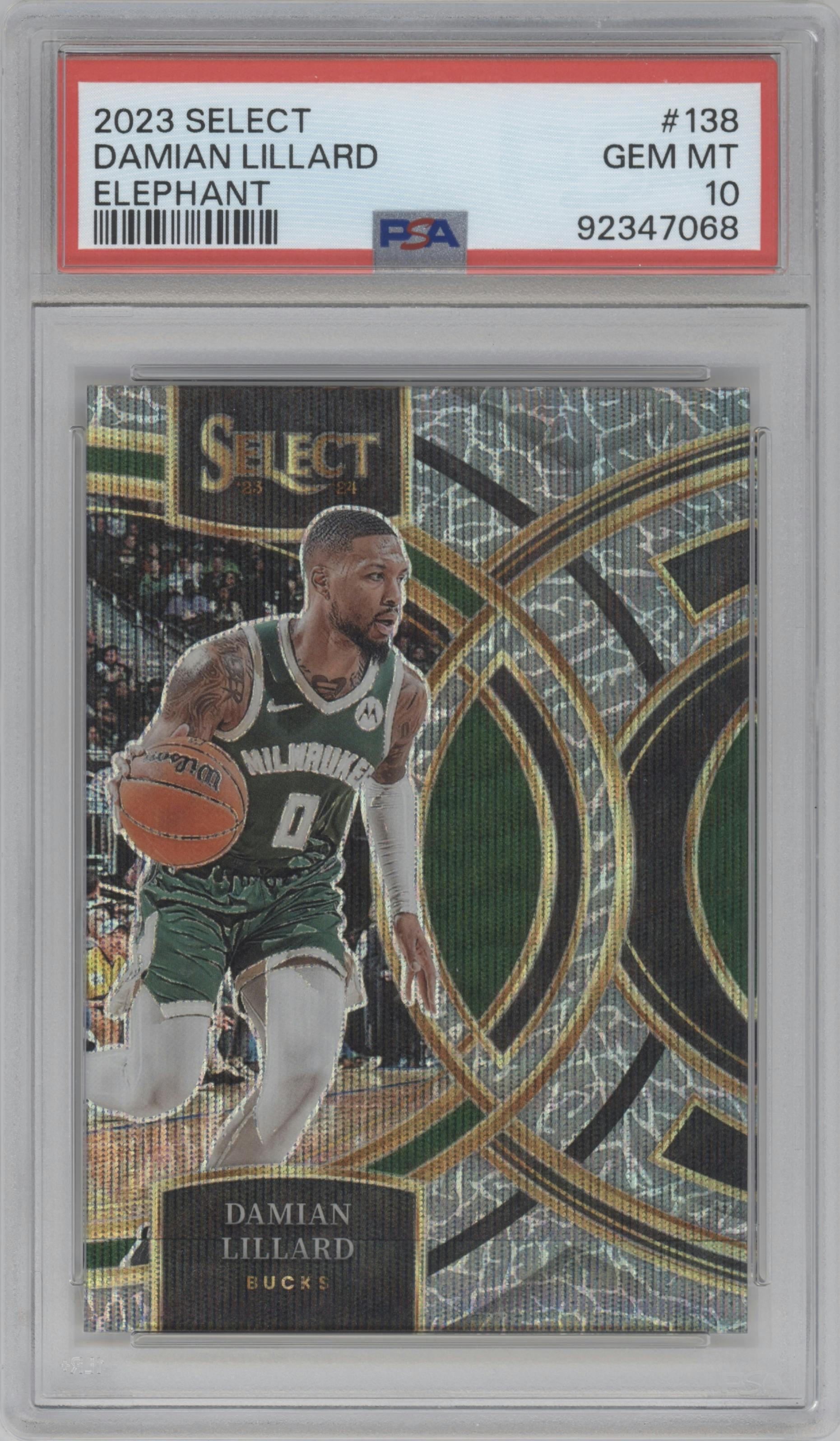 Damian Lillard from the 2023-24 Panini Select  set featuring a Elephant parallel graded by PSA and given an overall grade of 10.