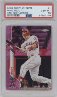 Mike Trout from the 2020 Topps Chrome set featuring a Pink Refractor parallel graded by PSA and given an overall grade of 10.