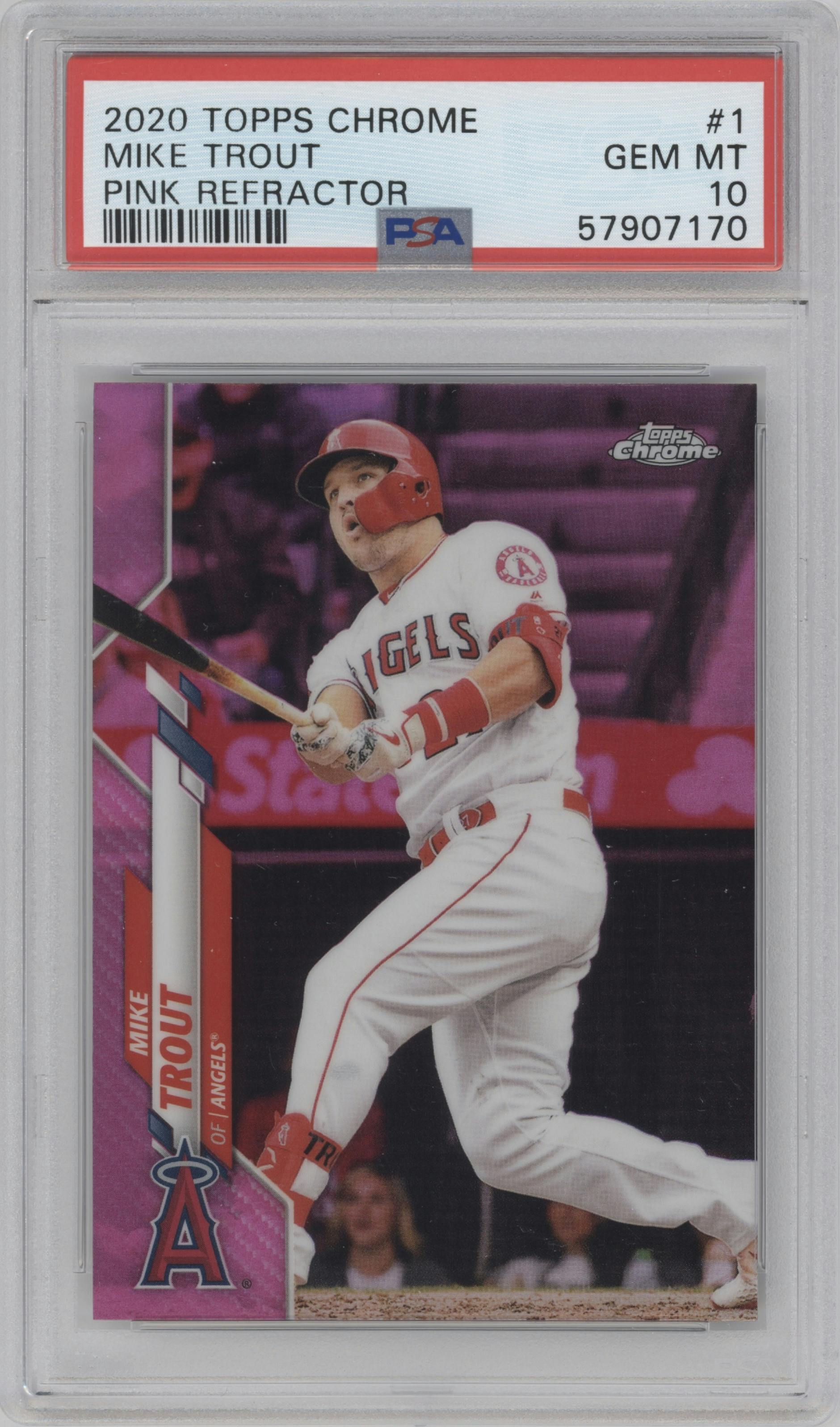 Mike Trout from the 2020 Topps Chrome set featuring a Pink Refractor parallel graded by PSA and given an overall grade of 10.