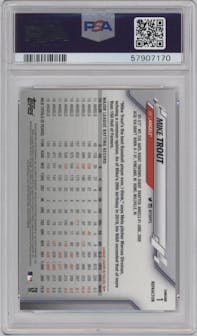 Mike Trout from the 2020 Topps Chrome set featuring a Pink Refractor parallel graded by PSA and given an overall grade of 10.