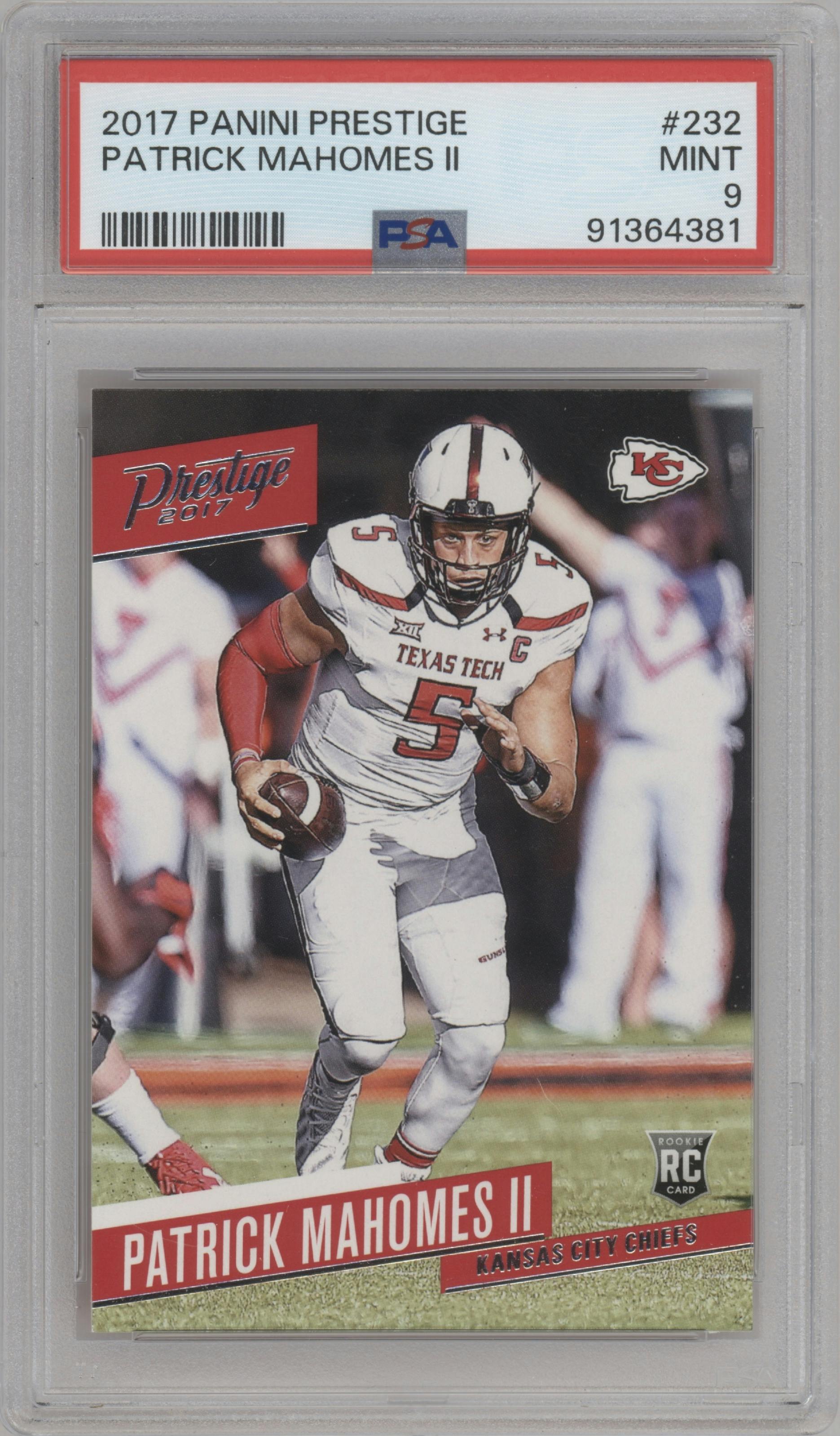 Patrick Mahomes II from the 2017 Panini Prestige set graded by PSA and given an overall grade of 9.