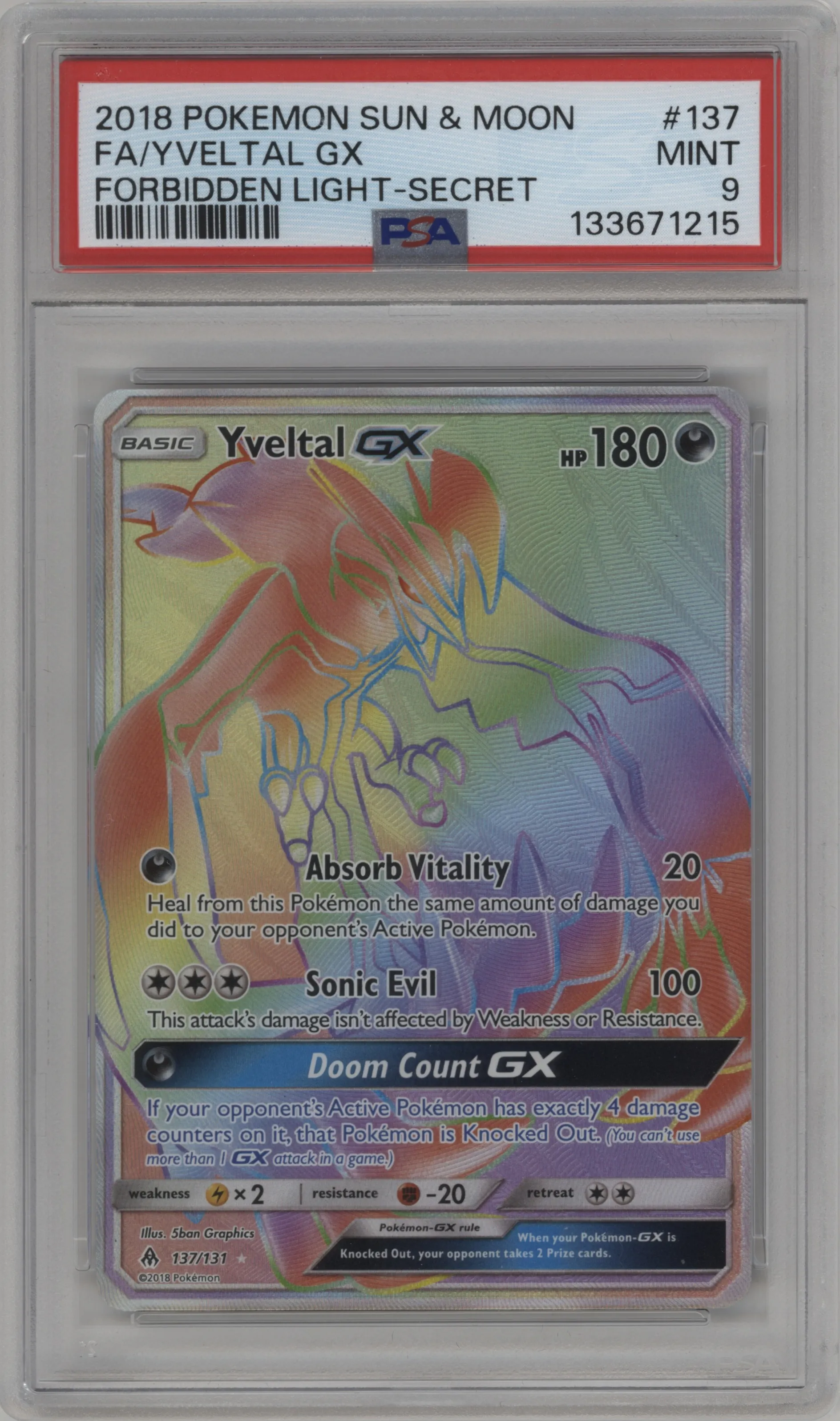 2018 Pokemon S&M Forbidden Light Yveltal GX #137 PSA 9