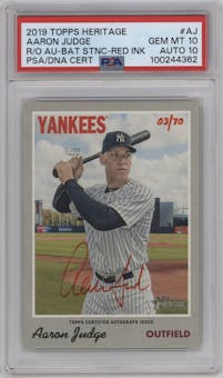 Aaron Judge from the 2019 Topps Heritage set featuring a Red Ink parallel graded by PSA and given an overall grade of 10.