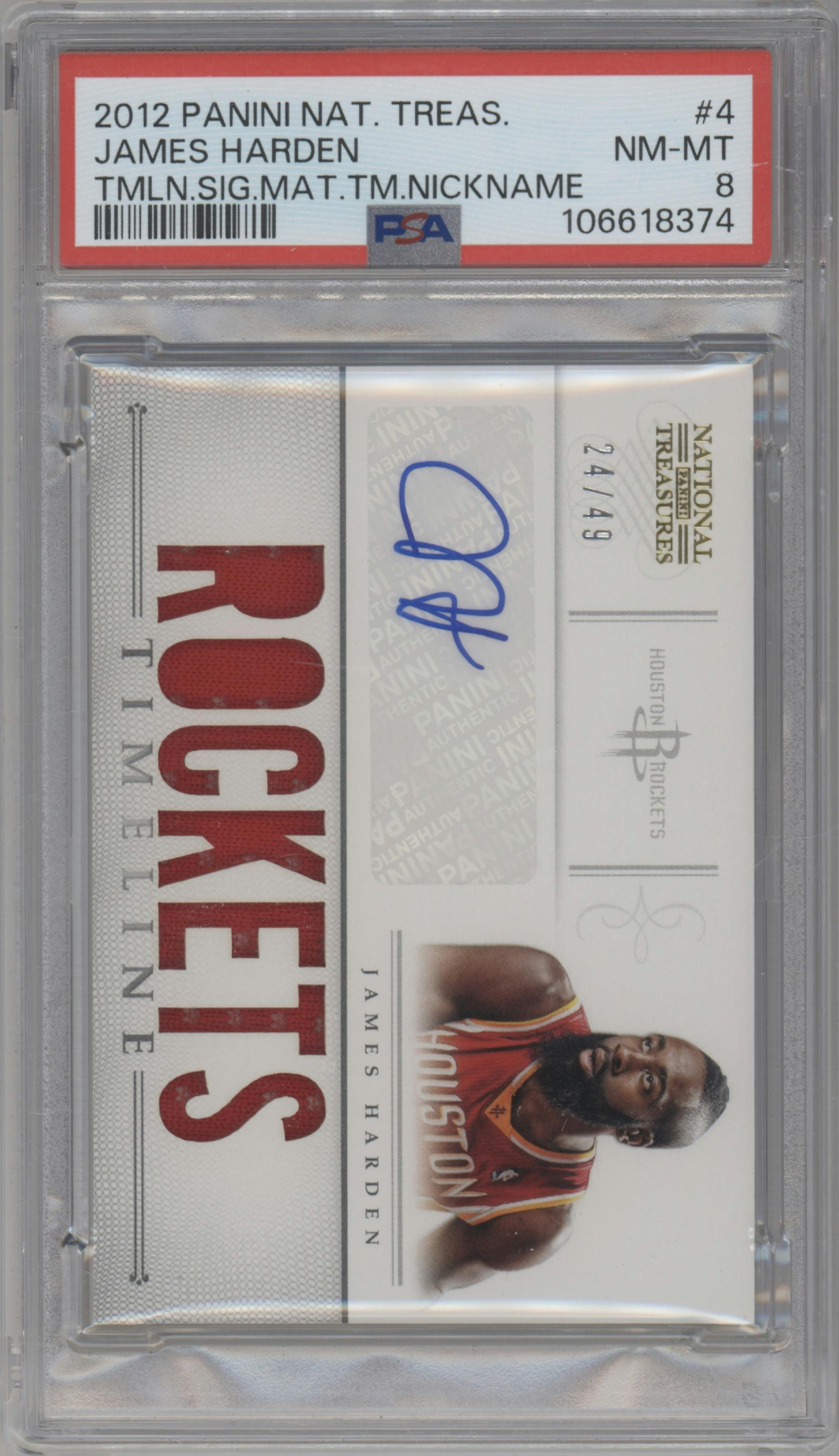 James Harden from the 2012-13 Panini National Treasures set graded by PSA and given an overall grade of 8.