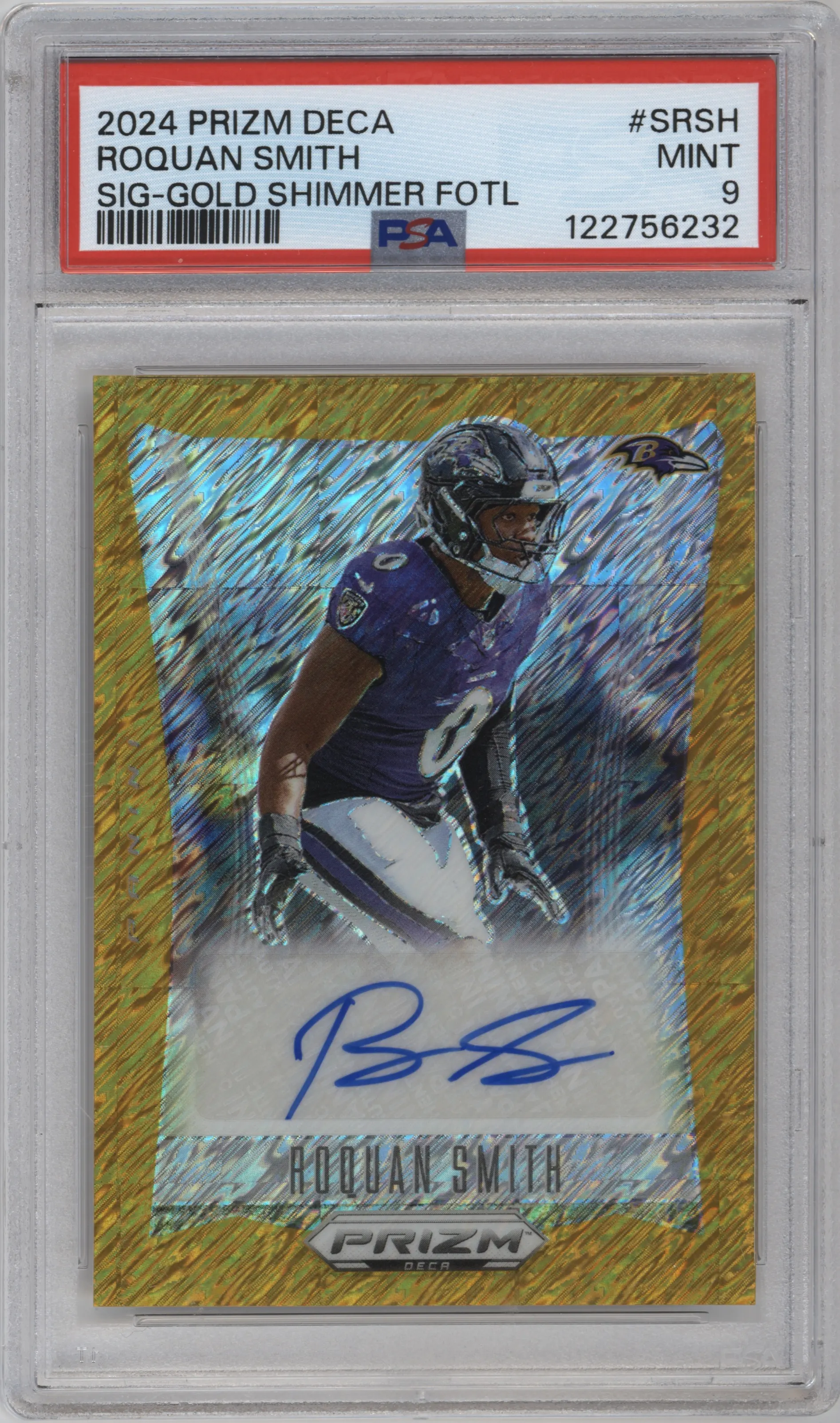 Roquan Smith from the 2024 Panini Prizm Deca set featuring a Gold Shimmer Prizm FOTL parallel graded by PSA and given an overall grade of 9.