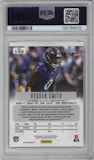 Roquan Smith from the 2024 Panini Prizm Deca set featuring a Gold Shimmer Prizm FOTL parallel graded by PSA and given an overall grade of 9.