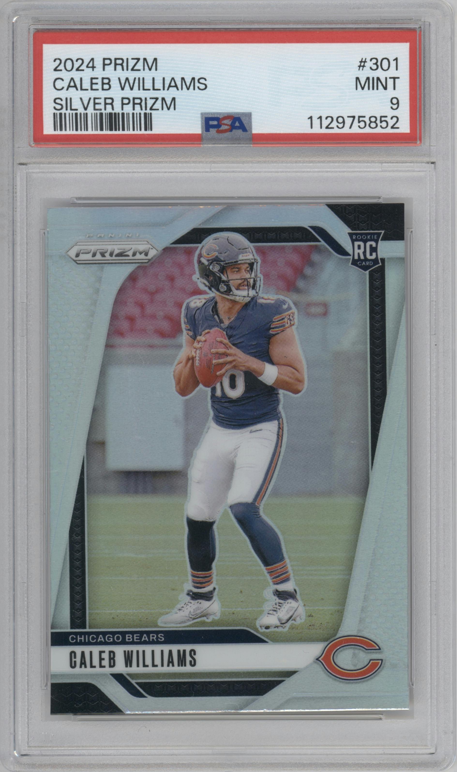 Caleb Williams from the 2024 Panini Prizm set featuring a Silver Prizm parallel graded by PSA and given an overall grade of 9.