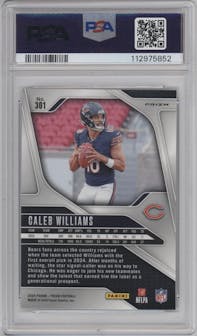 Caleb Williams from the 2024 Panini Prizm set featuring a Silver Prizm parallel graded by PSA and given an overall grade of 9.