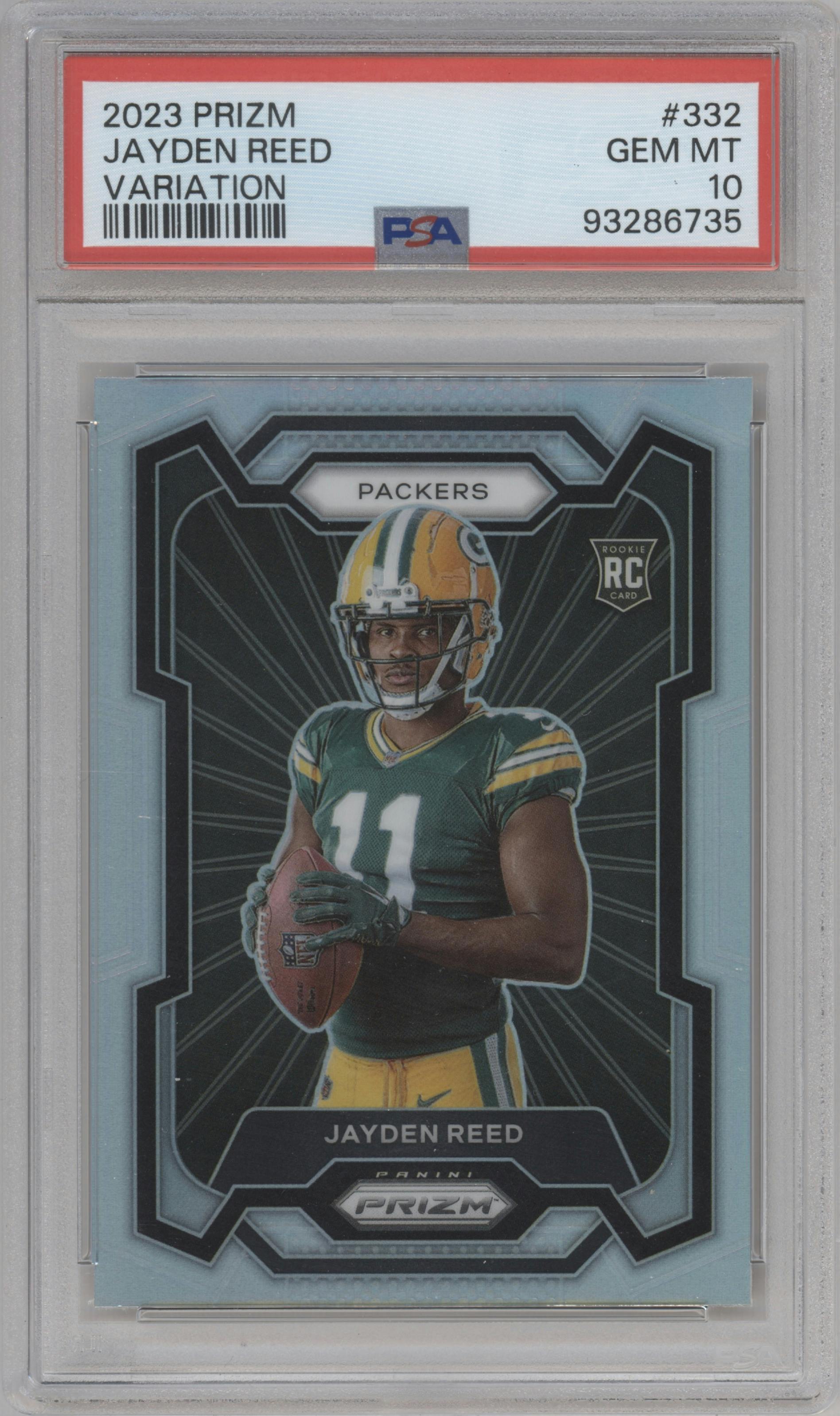 Jayden Reed from the 2023 Panini Prizm set graded by PSA and given an overall grade of 10.