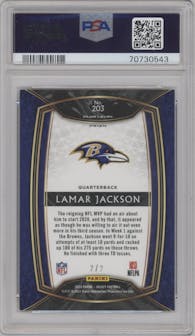 Lamar Jackson from the 2020 Panini Select set featuring a Green/Black Snakeskin parallel graded by PSA and given an overall grade of 8.