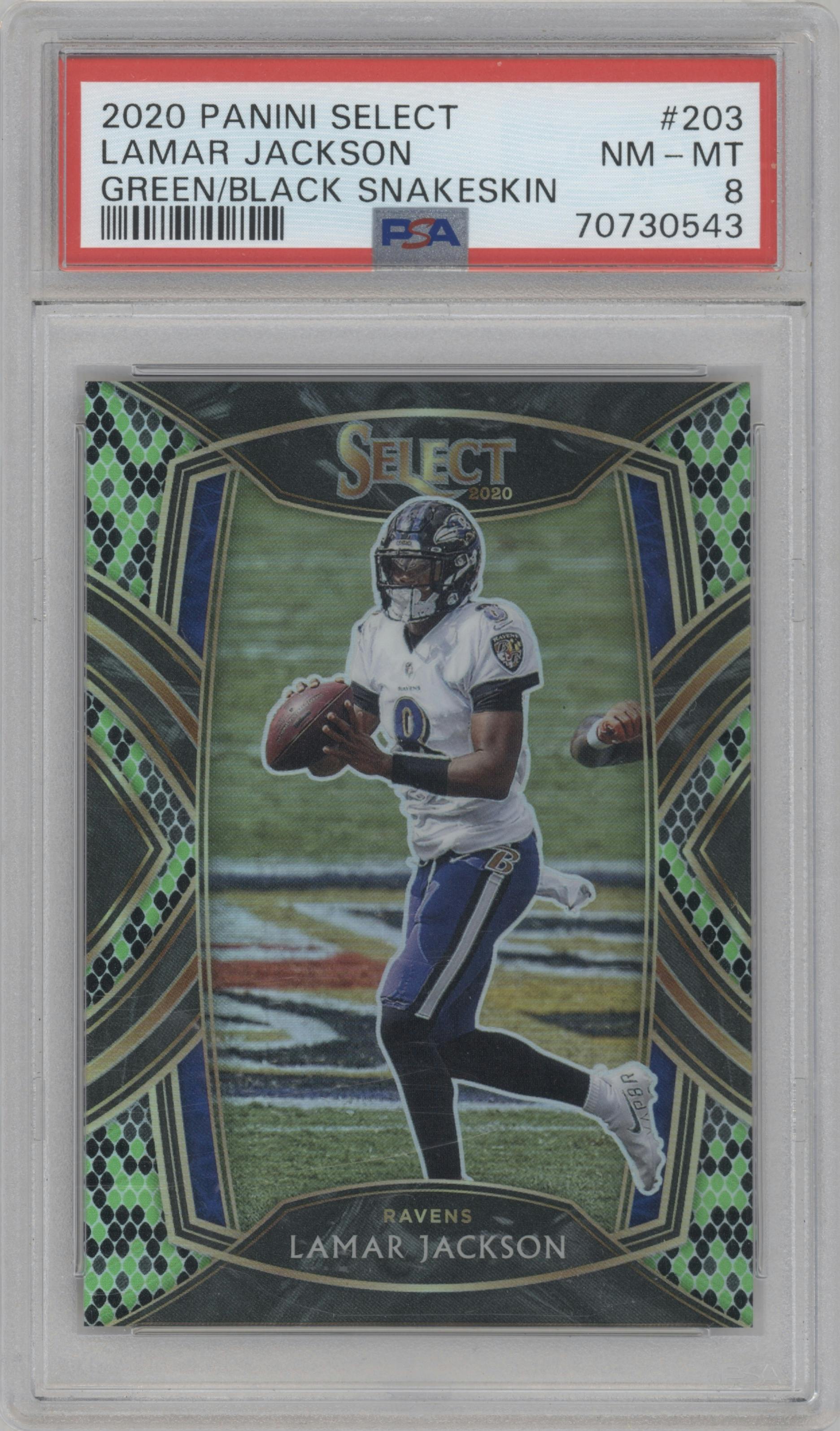 Lamar Jackson from the 2020 Panini Select set featuring a Green/Black Snakeskin parallel graded by PSA and given an overall grade of 8.