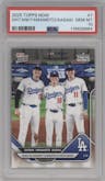 Shohei Ohtani/Yoshinobu Yamamoto/Roki Sasaki from the 2025 Topps Now set graded by PSA and given an overall grade of 10.