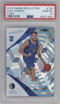 Luka Doncic from the 2018-19 Panini Revolution  set featuring a Cubic parallel graded by PSA and given an overall grade of 10.