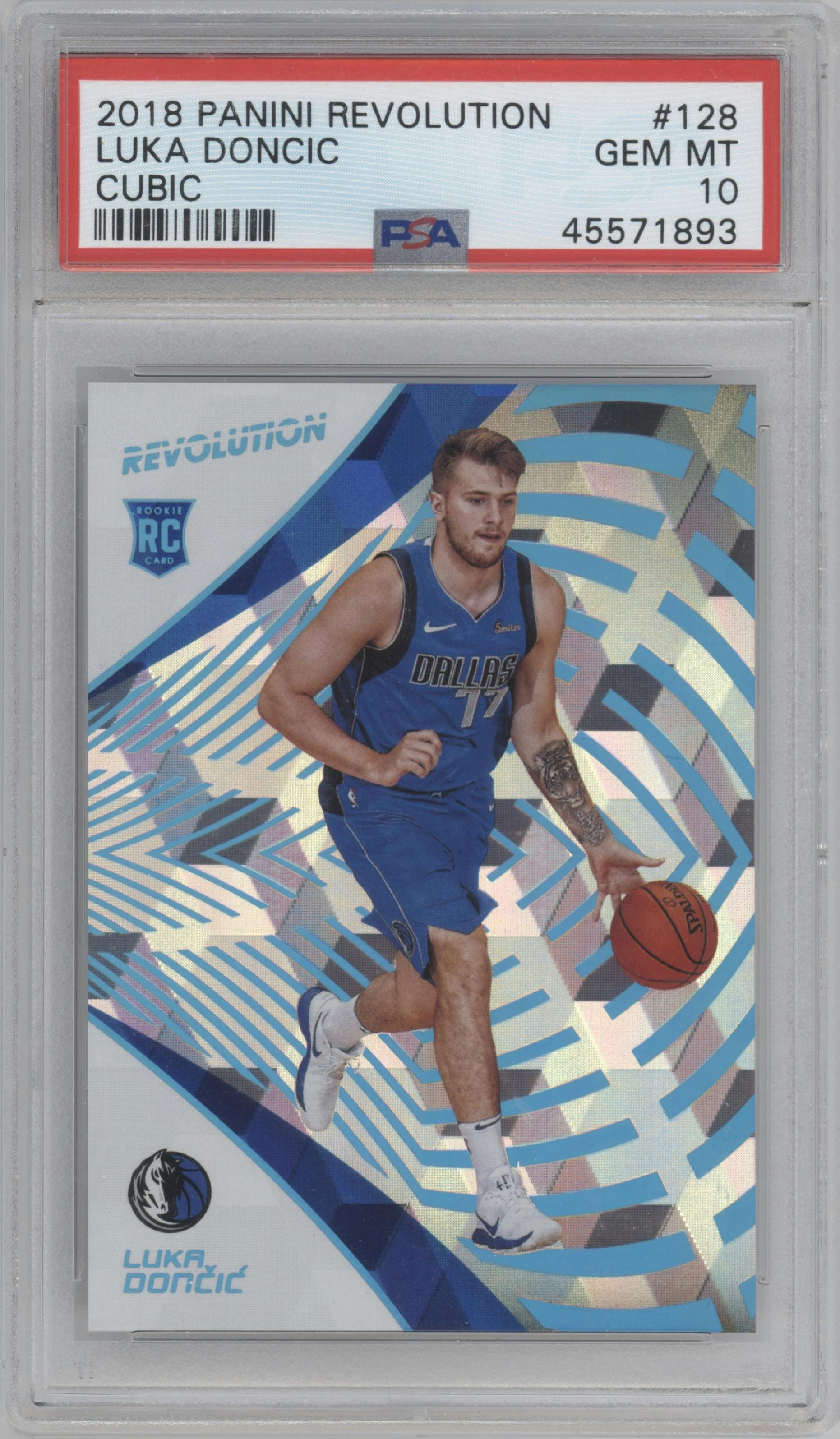Luka Doncic from the 2018-19 Panini Revolution  set featuring a Cubic parallel graded by PSA and given an overall grade of 10.