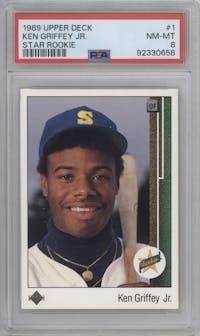 Ken Griffey Jr. from the 1989 Upper Deck set graded by PSA and given an overall grade of 8.