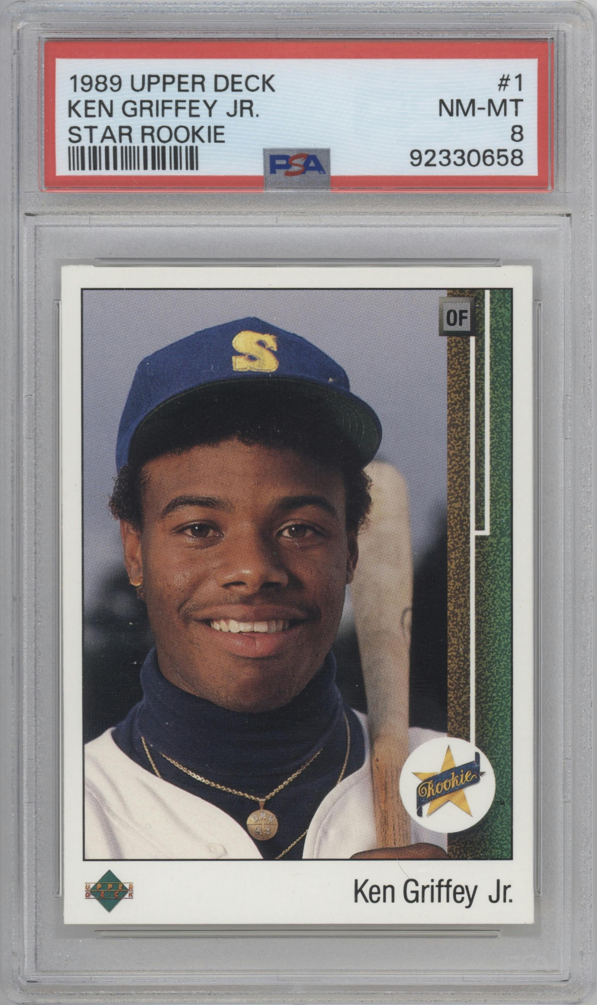 Ken Griffey Jr. from the 1989 Upper Deck set graded by PSA and given an overall grade of 8.