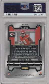 Rashee Rice from the 2023 Panini Prizm set featuring a Red/White/Blue parallel graded by PSA and given an overall grade of 10.
