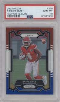 Rashee Rice from the 2023 Panini Prizm set featuring a Red/White/Blue parallel graded by PSA and given an overall grade of 10.