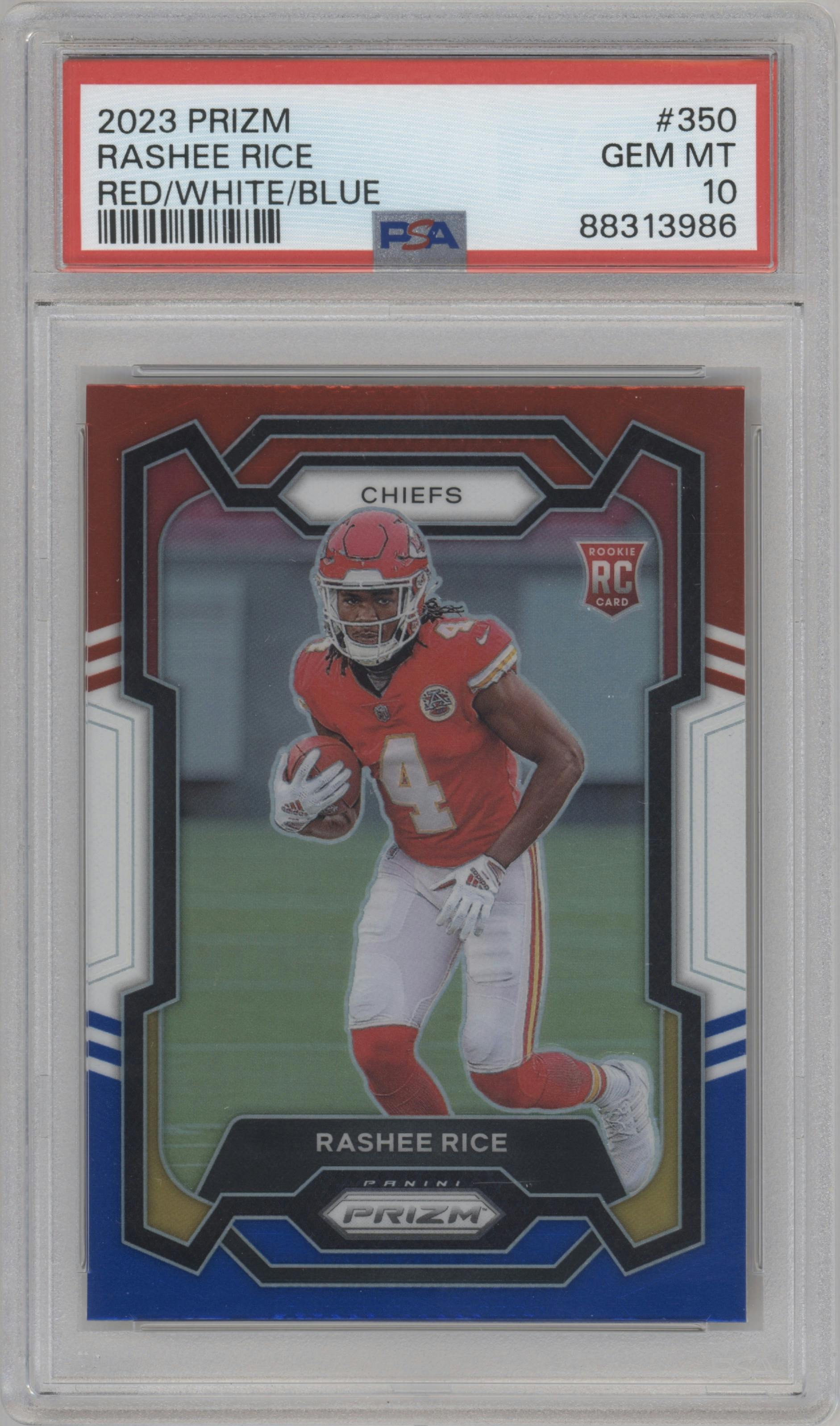 Rashee Rice from the 2023 Panini Prizm set featuring a Red/White/Blue parallel graded by PSA and given an overall grade of 10.