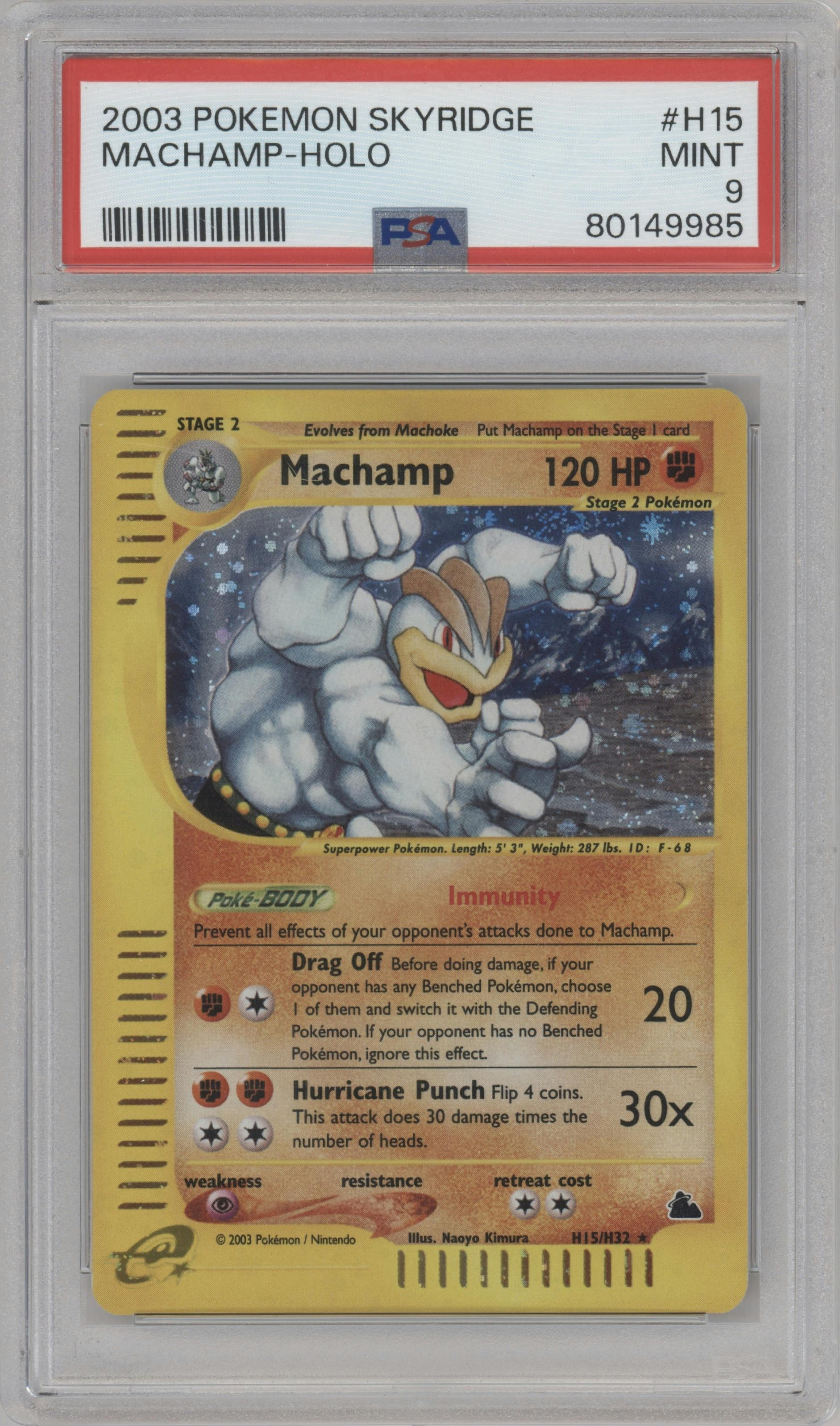 Machamp from the 2003 Pokemon E-CARD set graded by PSA and given an overall grade of 9.
