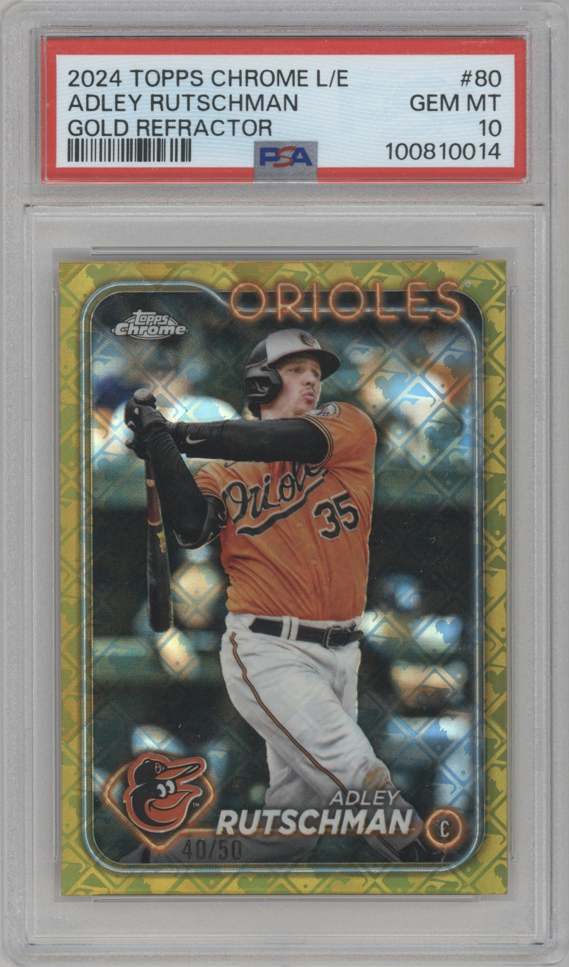 Adley Rutschman from the 2024 Topps Chrome Logofractor set featuring a Gold MLB Refractor parallel graded by PSA and given an overall grade of 10.