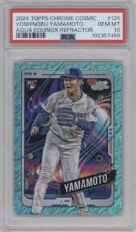 Yoshinobu Yamamoto from the 2024 Topps Cosmic Chrome set featuring a Aqua Equinox Refractor parallel graded by PSA and given an overall grade of 10.