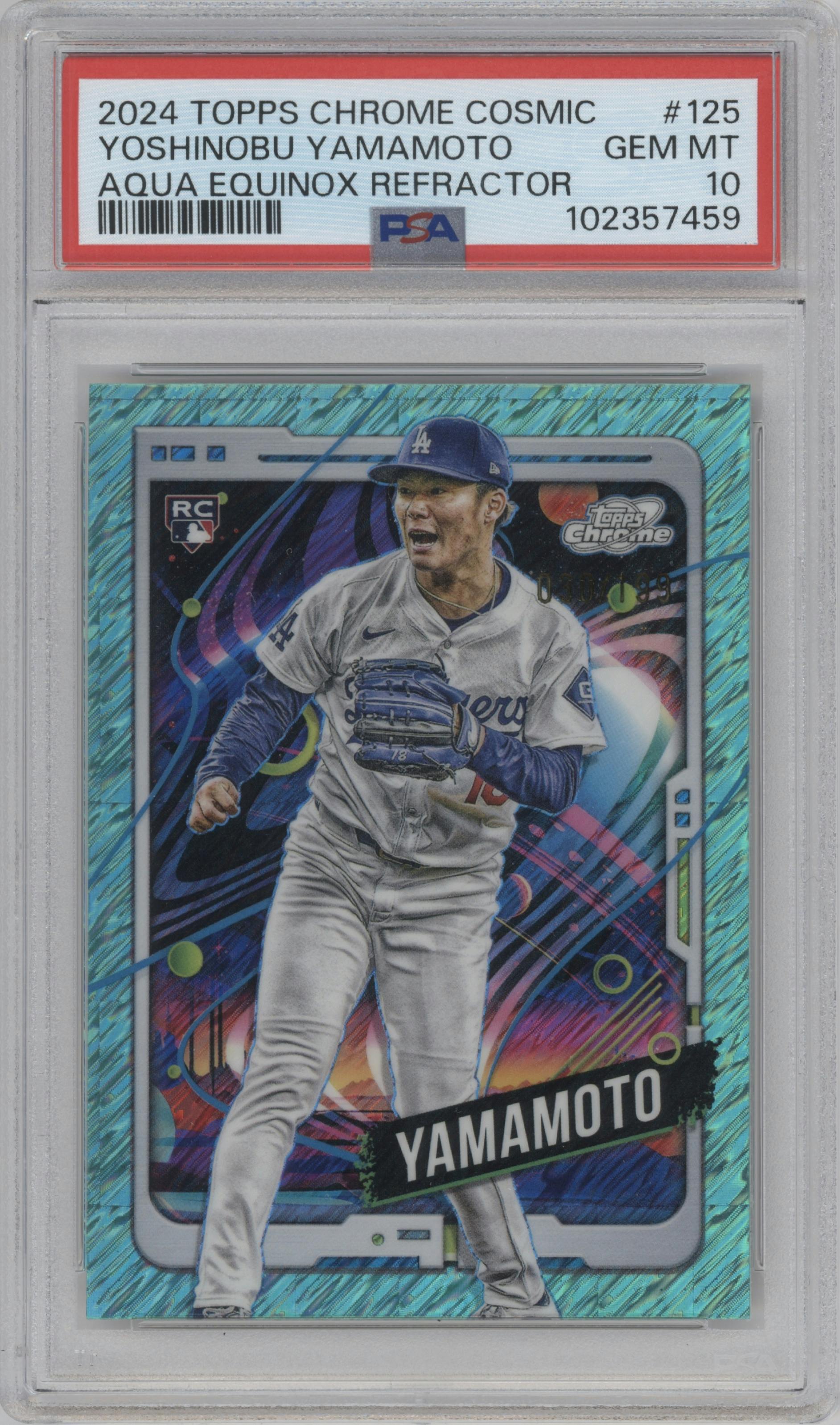 Yoshinobu Yamamoto from the 2024 Topps Cosmic Chrome set featuring a Aqua Equinox Refractor parallel graded by PSA and given an overall grade of 10.