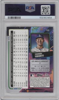 Yoshinobu Yamamoto from the 2024 Topps Cosmic Chrome set featuring a Aqua Equinox Refractor parallel graded by PSA and given an overall grade of 10.