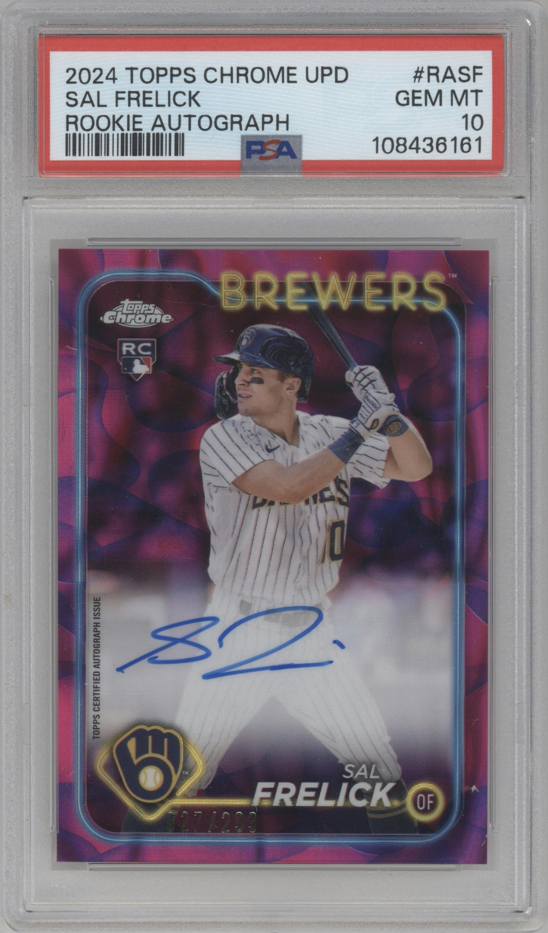 Sal Frelick from the 2024 Topps Chrome Update set featuring a Lava Lamp Magenta / Purple Refractor parallel graded by PSA and given an overall grade of 10.