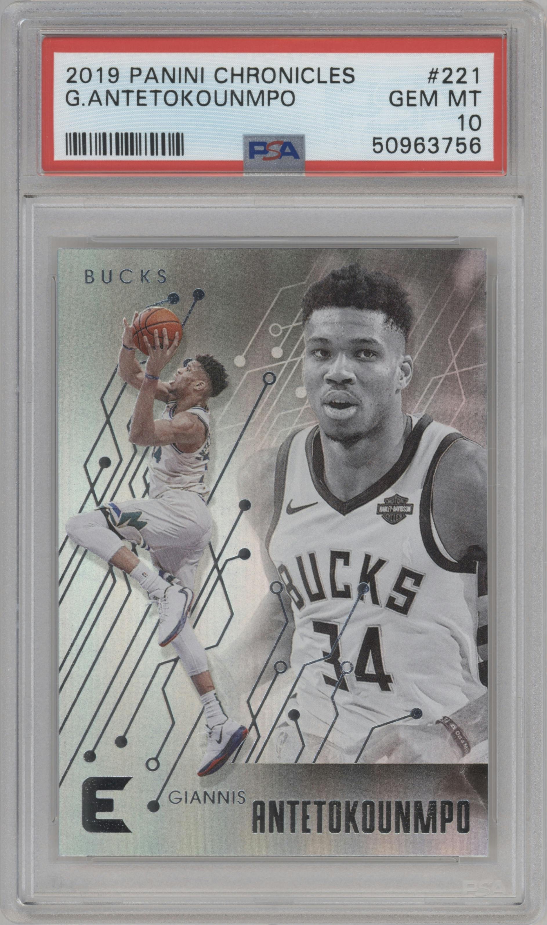 Giannis Antetokounmpo from the 2019-20 Panini Chronicles  set graded by PSA and given an overall grade of 10.