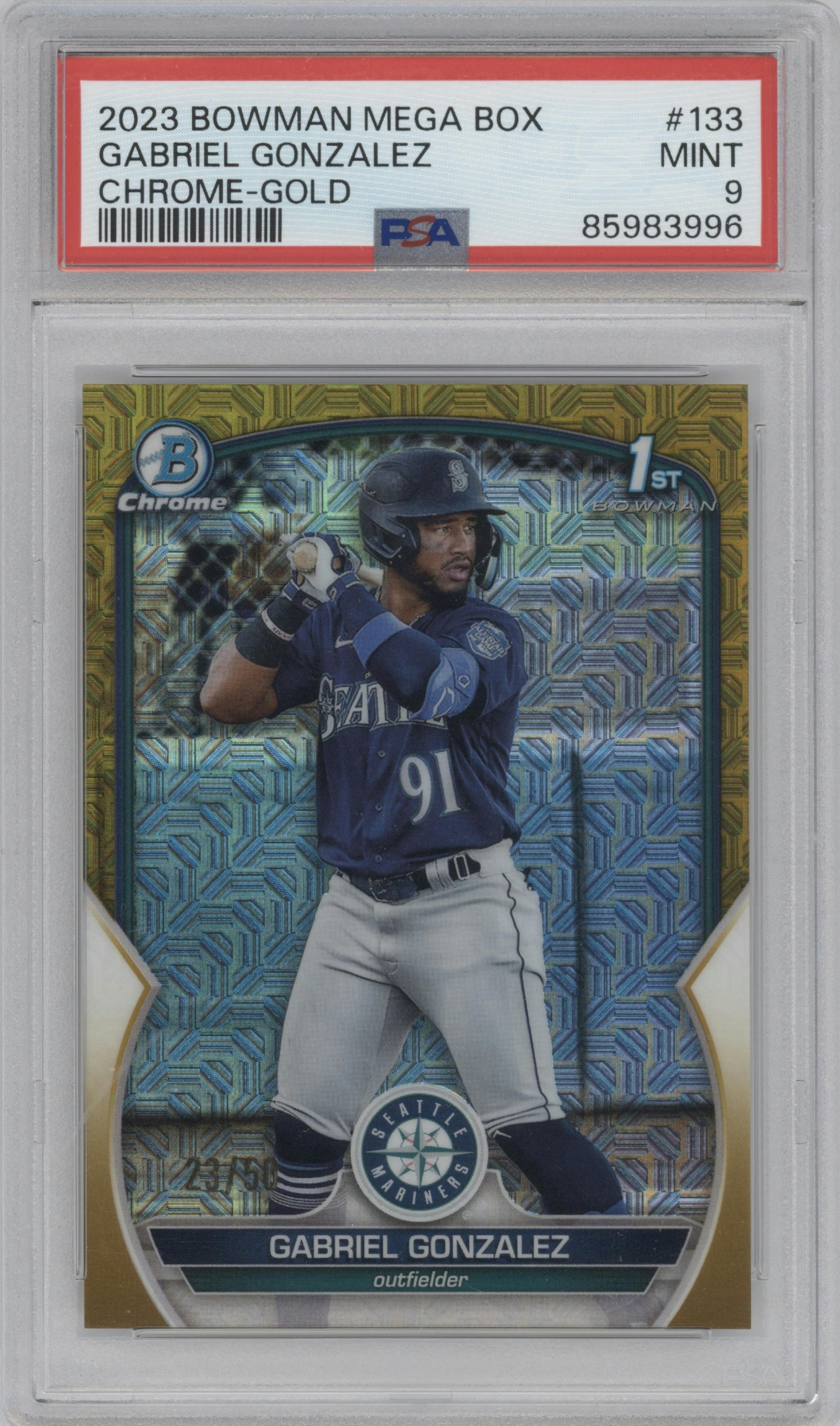Gabriel Gonzalez from the 2023 Bowman Mega Box set featuring a Gold Refractor parallel graded by PSA and given an overall grade of 9.