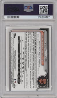 James Tibbs III from the 2024 Bowman Draft set featuring a Blue Refractor parallel graded by PSA and given an overall grade of 9.
