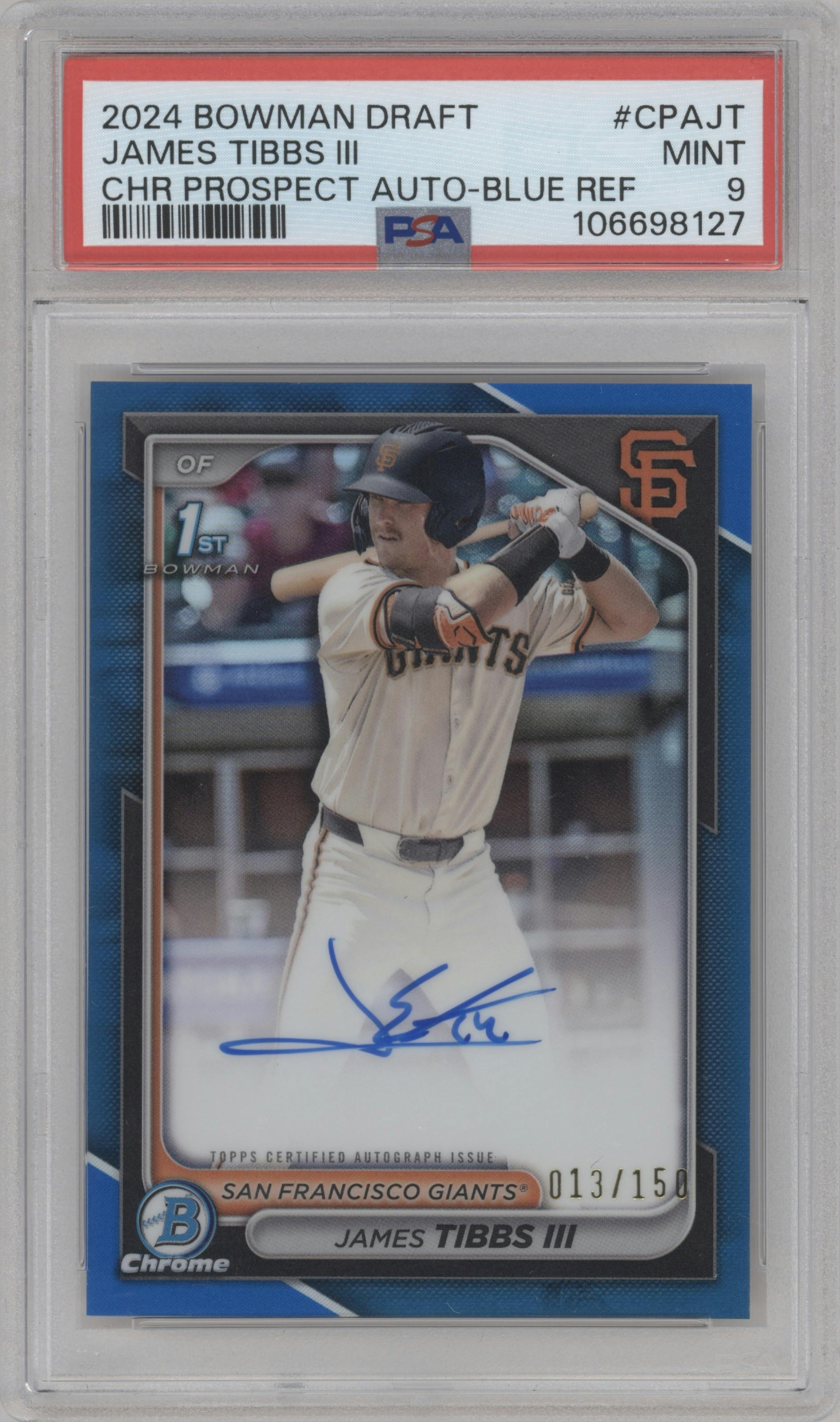 James Tibbs III from the 2024 Bowman Draft set featuring a Blue Refractor parallel graded by PSA and given an overall grade of 9.