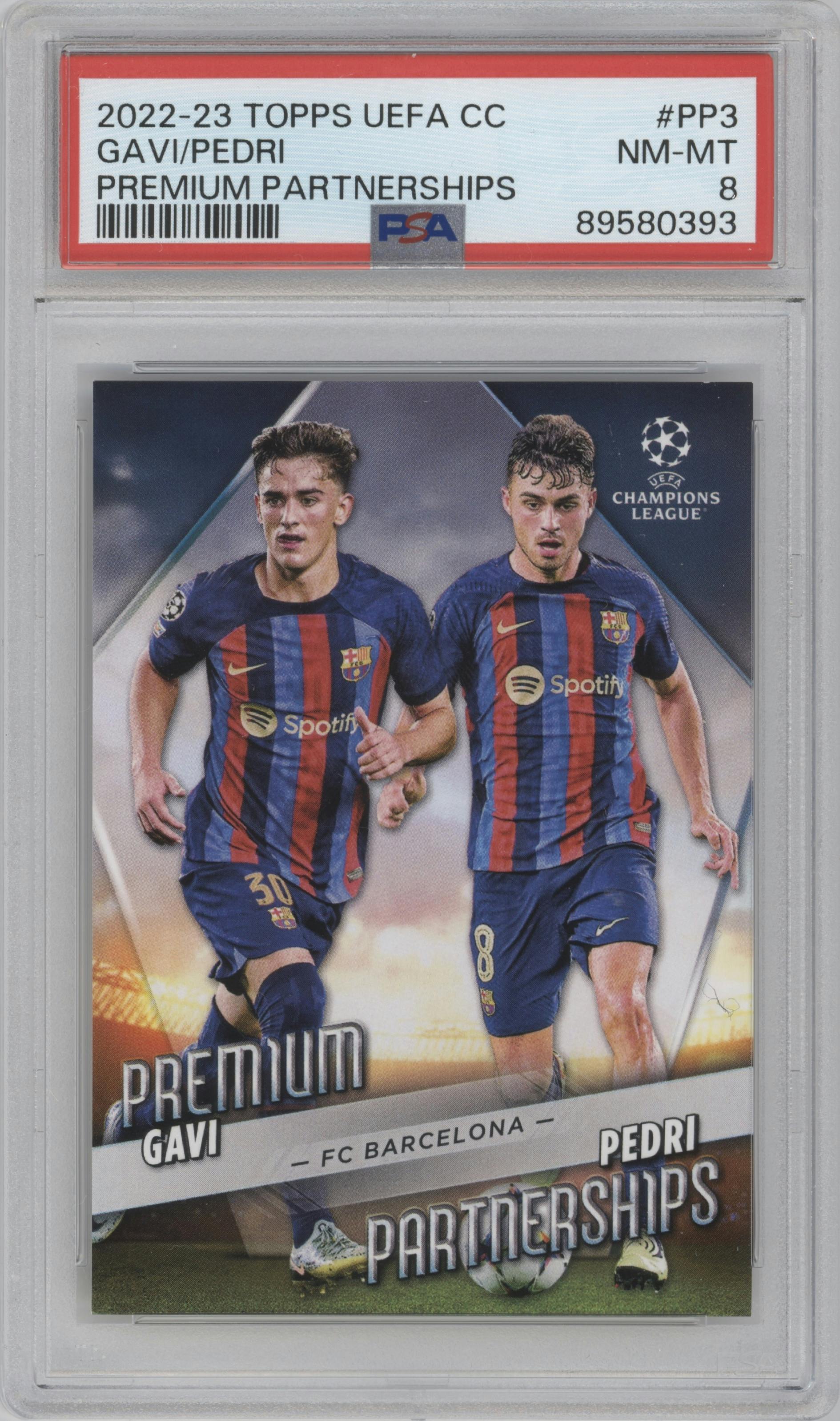 Gavi/Pedri from the 2022-23 Topps UEFA Club Competitions set graded by PSA and given an overall grade of 8.