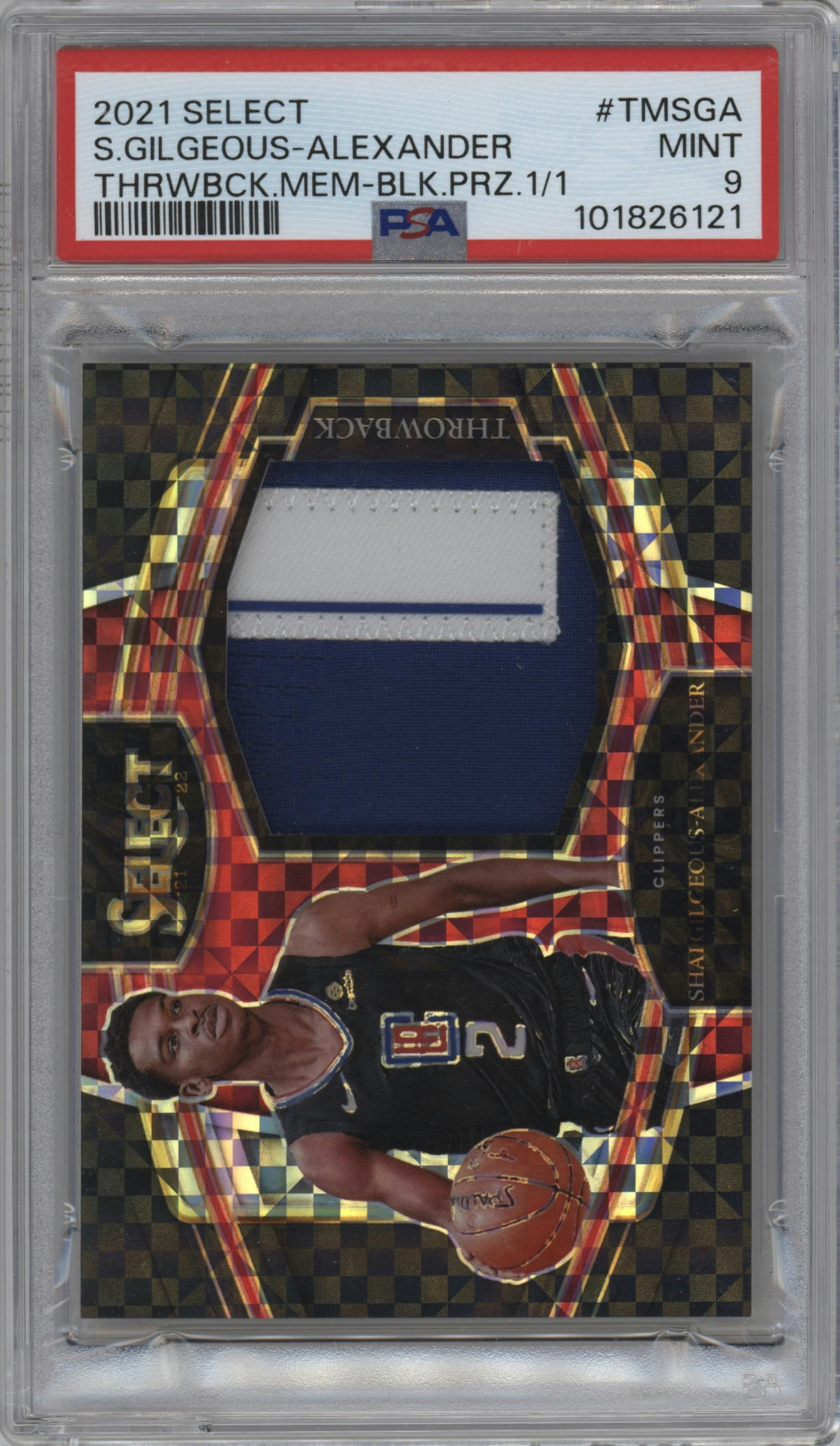 Shai Gilgeous-Alexander from the 2021-22 Panini Select set featuring a Black  parallel graded by PSA and given an overall grade of 9.