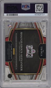 Shai Gilgeous-Alexander from the 2021-22 Panini Select set featuring a Black parallel graded by PSA and given an overall grade of 9.