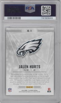 Jalen Hurts from the 2020 Panini Illusions set featuring a Trophy Collection Orange parallel graded by PSA and given an overall grade of 10.